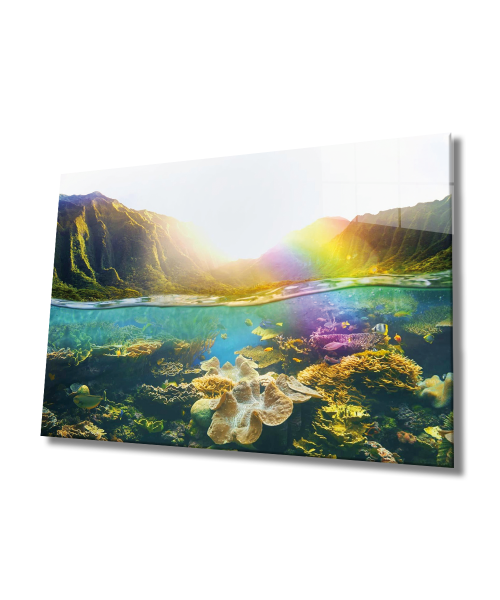 Gün Batımı ve Deniz Sualtı Cam Tablo  4mm Dayanıklı Temperli Cam, Sunset Sea Marine Life Glass Wall Art