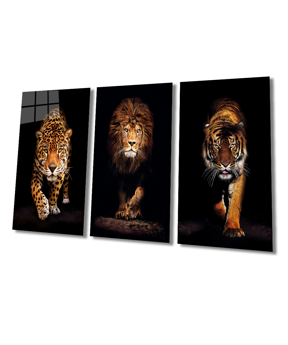 3'lü Hayvan Kombin (Aslan, Kaplan ve Jaguar) Cam Tablo  4mm Dayanıklı Temperli Cam, Lion, Tiger Jaguar Combine Glass Wall Decor