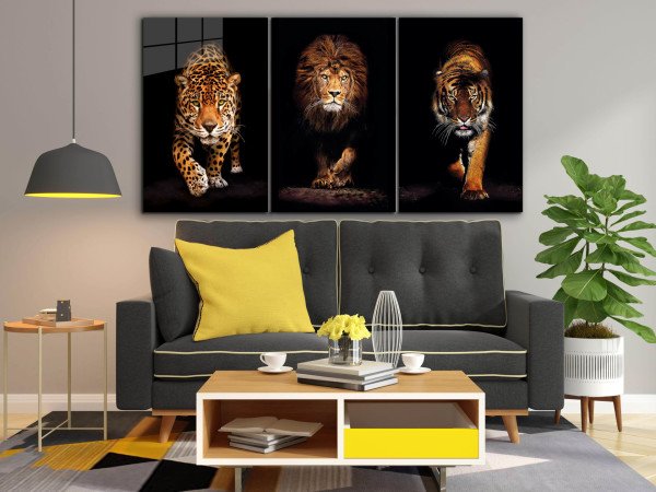 3'lü Hayvan Kombin (Aslan, Kaplan ve Jaguar) Cam Tablo  4mm Dayanıklı Temperli Cam, Lion, Tiger Jaguar Combine Glass Wall Decor