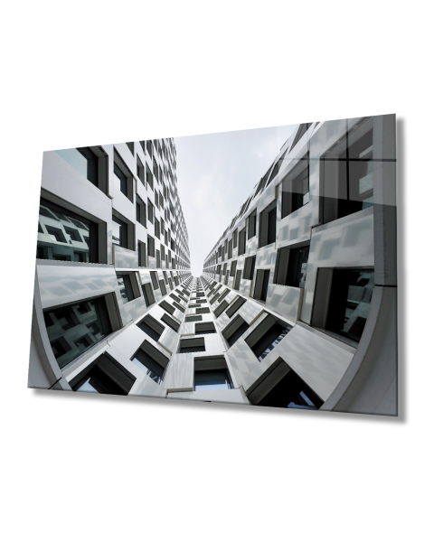 Geometrik Siyah  Beyaz Bina Cam Tablo 4mm Dayanıklı Temperli Cam Geometric Architecture White Building Glass Painting