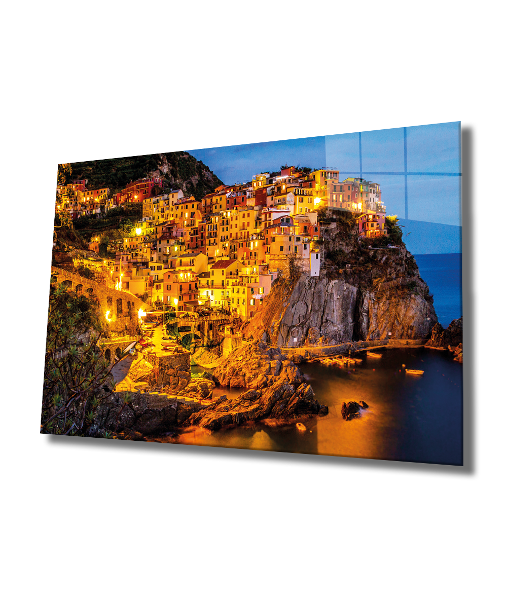 Dağ Işıklı Evler Cam Tablo  4mm Dayanıklı Temperli Cam, Mountain Houses Glass Wall Decor