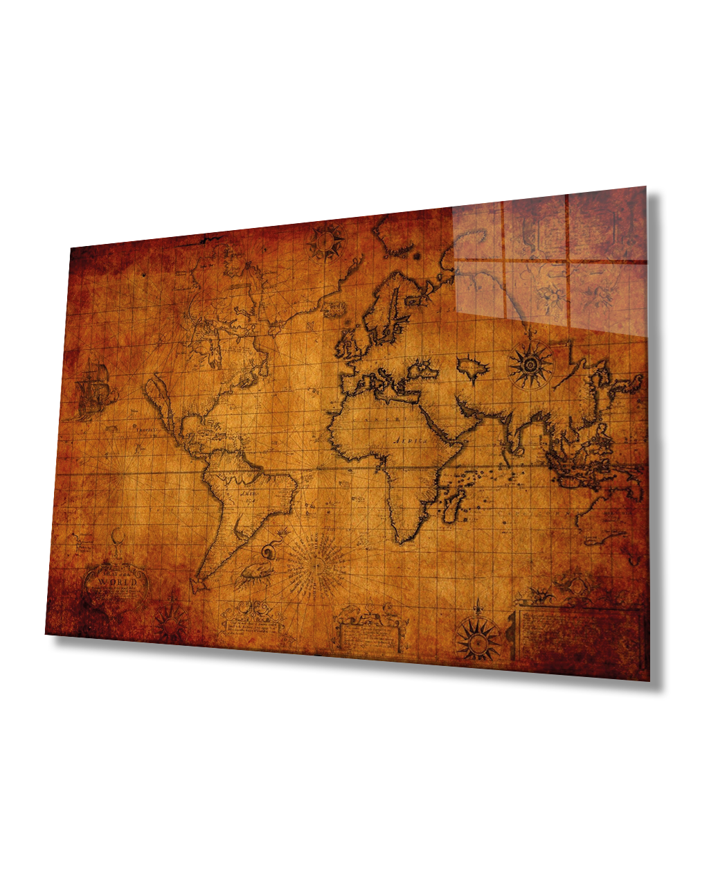 Eski Kahverengi Dünya Haritası 4mm Temperli Dayanaklı Cam Tablo
