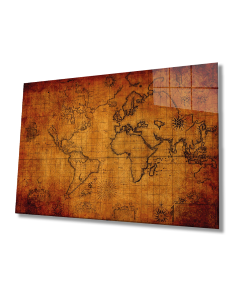 Eski Kahverengi Dünya Haritası 4mm Temperli Dayanaklı Cam Tablo