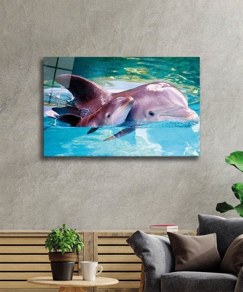 Yunus Balığı Cam Tablo  4mm Dayanıklı Temperli Cam, Dolphin Glass Wall Art