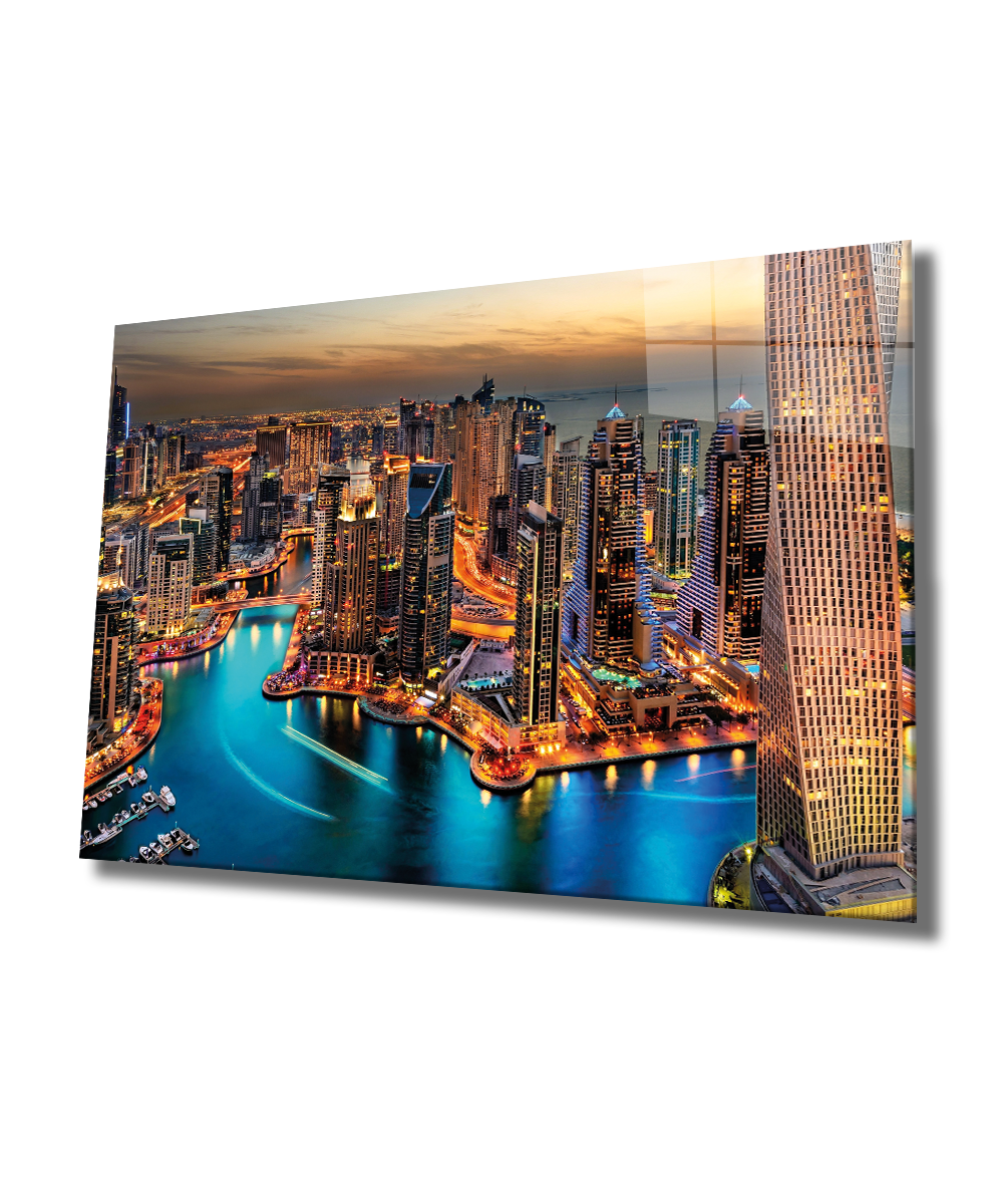 Işıklı Şehir Cam Tablo 4mm Dayanıklı Temperli Cam, Night City Glass Wall Decor