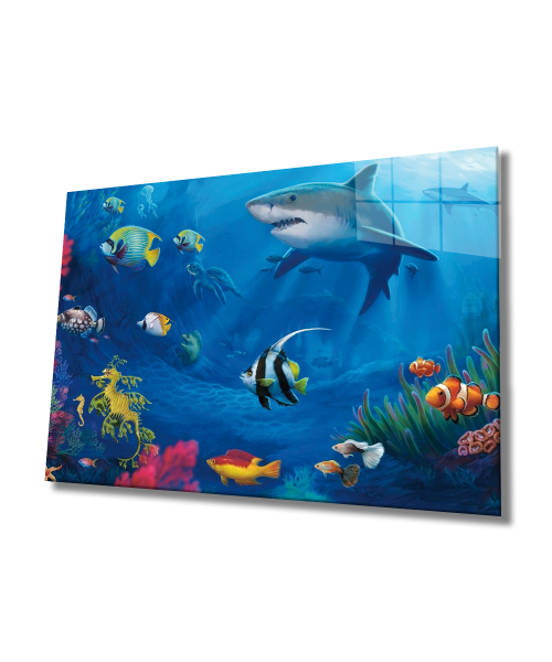 Köpek Balığı Cam Tablo  4mm Dayanıklı Temperli Cam, Shark Glass Wall Art