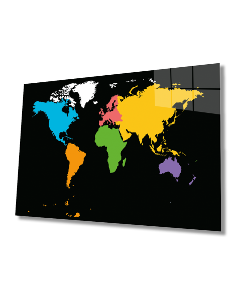 Rengarenk Dünya Haritası 4mm Dayanaklı Temperli Cam Tablo - Colorful World Map