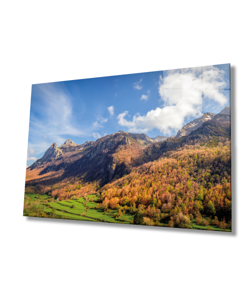 Dağ Manzara Yeşil Cam Tablo  4mm Dayanıklı Temperli Cam Mountain Landscape Green Glass Wall Art