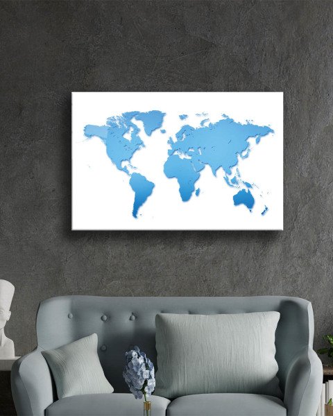 Mavi ve Beyaz Dünya Haritası 4mm Dayanaklı Temperli Cam Tablo - Blue and White World Map
