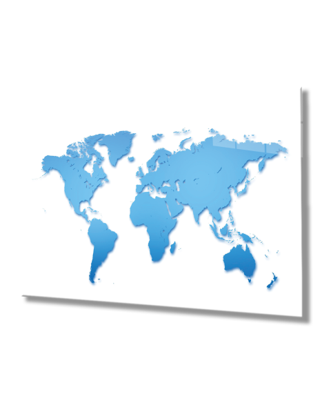 Mavi ve Beyaz Dünya Haritası 4mm Dayanaklı Temperli Cam Tablo - Blue and White World Map