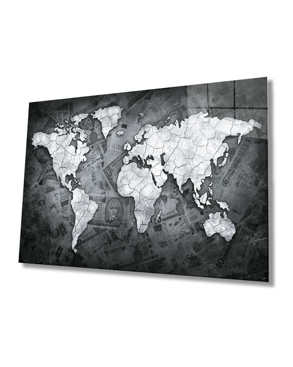 Para Dünya Haritası 4mm Dayanaklı Temperli Cam Tablo, Money World Map Glass Wall Art
