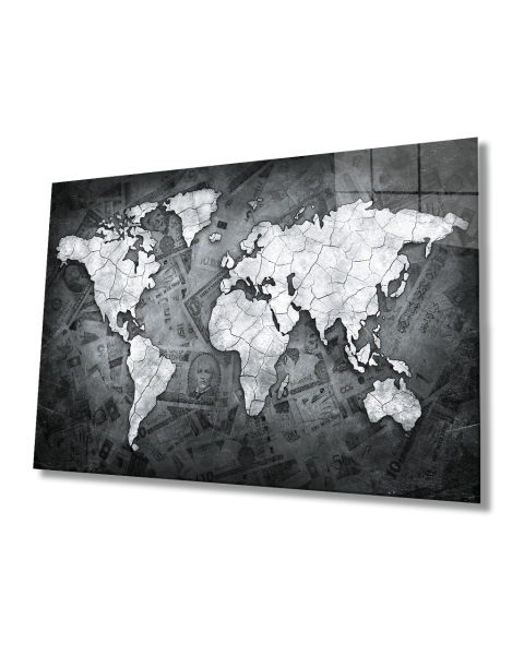 Para Dünya Haritası 4mm Dayanaklı Temperli Cam Tablo, Money World Map Glass Wall Art