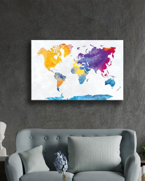 Renkli Dünya Haritası 4mm Dayanaklı Temperli Cam Tabo - A Colorful World Map