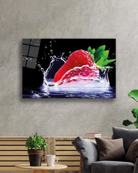 Çilek Cam Tablo  4mm Dayanıklı Temperli Cam, Strawberry Glass Wall Art