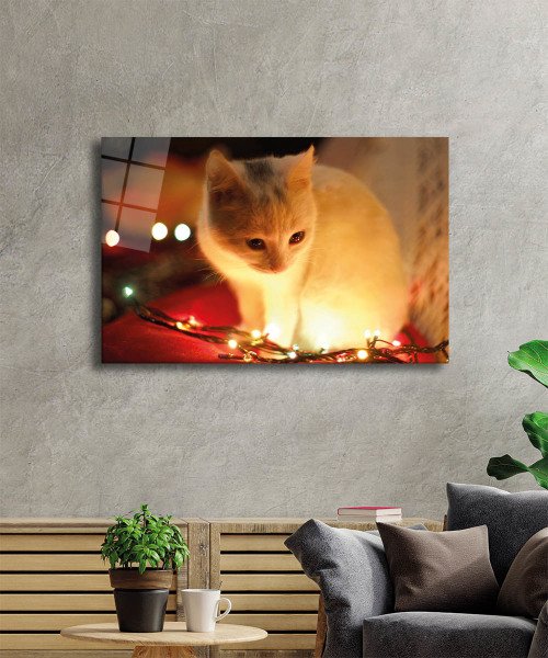 Beyaz Kedi ve Sarı Işık Cam Tablo  4mm Dayanıklı Temperli Cam, Yellow Cat and Lights Glass Wall Decor