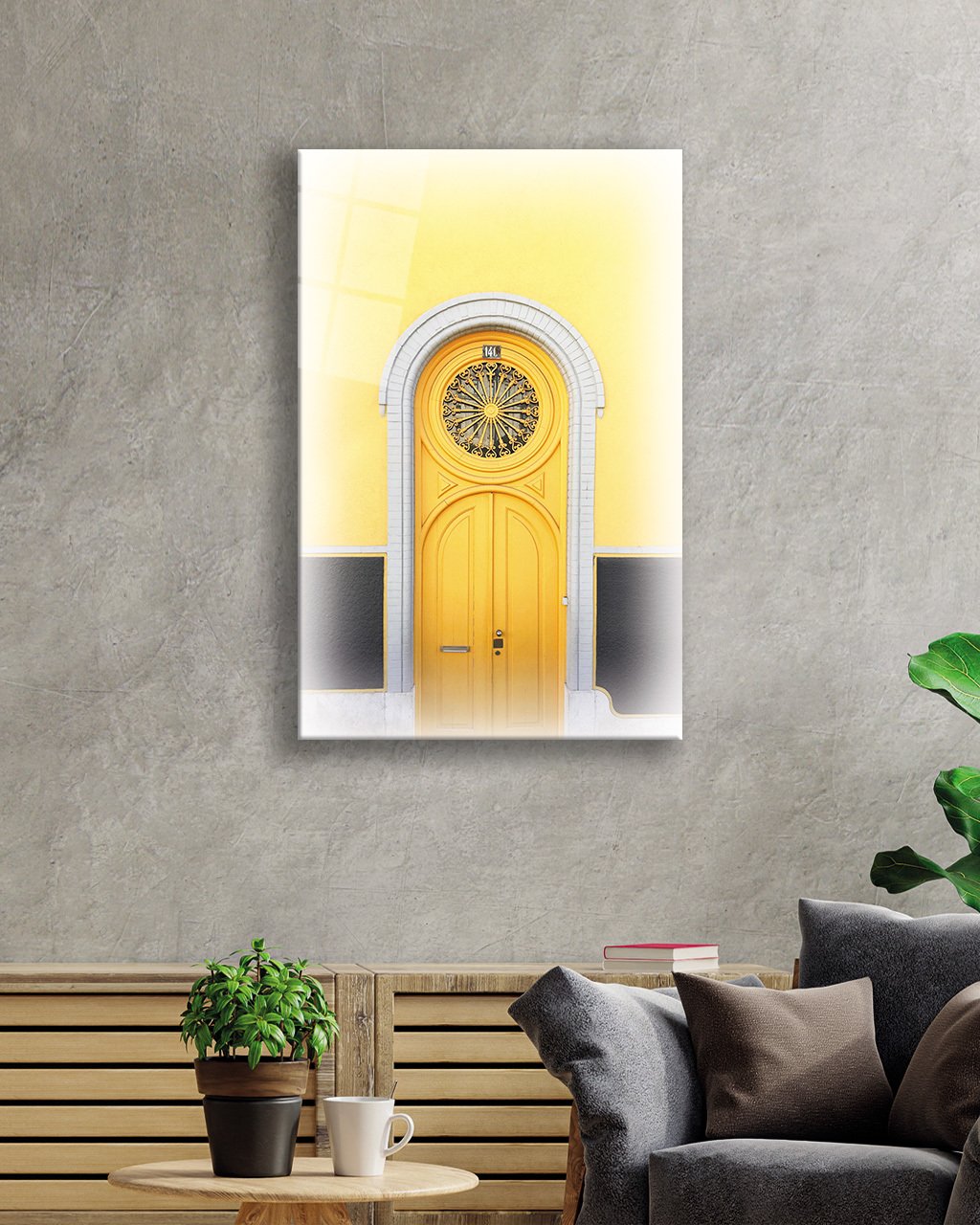 Sarı Eski Kapı Cam Tablo  4mm Dayanıklı Temperli Cam Yellow Old Door Glass Table 4mm Durable Tempered Glass