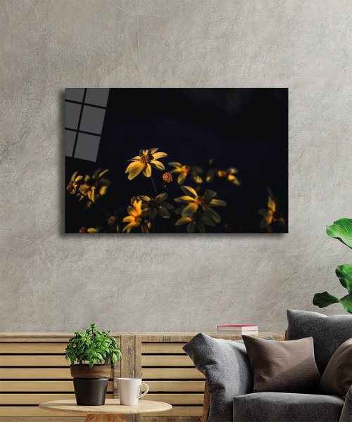 Sarı Çiçek Cam Tablo  4mm Dayanıklı Temperli Cam, Yellow Flower Glass Wall Decor