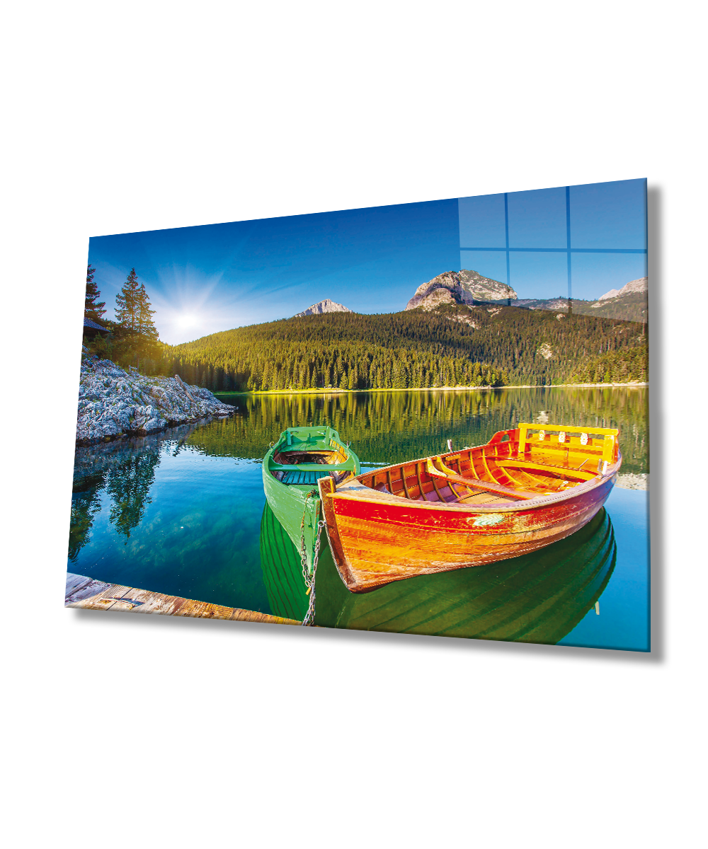 Kayık Göl Manzara Cam Tablo 4mm Dayanıklı Temperli Cam