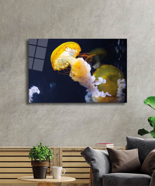 Sarı Denizanası Cam Tablo  4mm Dayanıklı Temperli Cam, Yellow Jellyfish Glass Wall Art