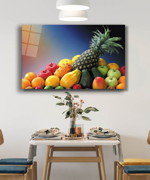 Meyveler Natürmort Mutfak Cam Tablo  4mm Dayanıklı Temperli Cam Fruits Still Life Kitchen Glass Wall Art