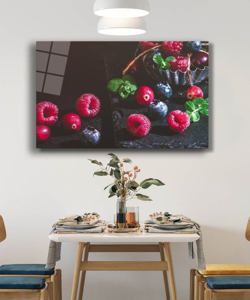 Kırmızı Mor Meyveler Cam Tablo  4mm Dayanıklı Temperli Cam Red Purple Fruits Glass Wall Art