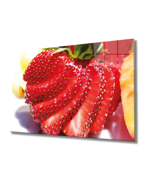 Çilek Cam Tablo  4mm Dayanıklı Temperli Cam, Strawberry Glass Wall Art