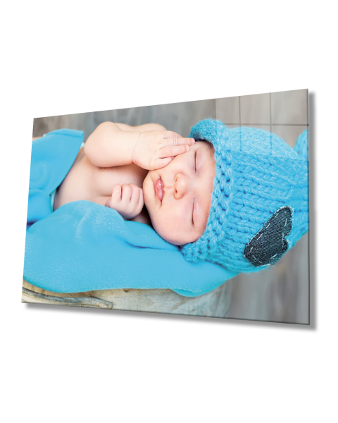 Mavi Şapkalı Bebek Cam Tablo  4mm Dayanıklı Temperli Cam Baby Glass Table With Blue Hat 4mm Durable Tempered Glass