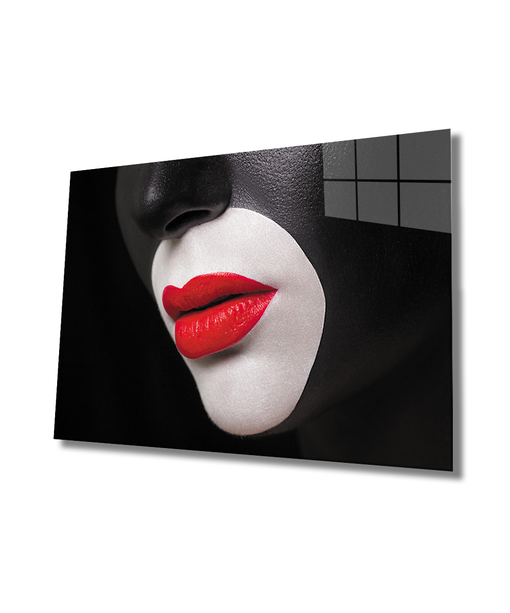 Kadınlar Siyah Yüz Kırmızı Dudak Cam Tablo  4mm Dayanıklı Temperli Cam, Women Black Face Red Lip Glass Wall Art