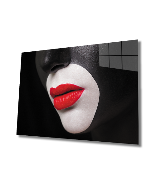 Kadınlar Siyah Yüz Kırmızı Dudak Cam Tablo  4mm Dayanıklı Temperli Cam, Women Black Face Red Lip Glass Wall Art