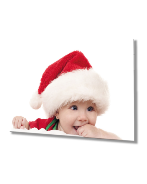 Kırmızı Noel Şapkalı Bebek Cam Tablo  4mm Dayanıklı Temperli Cam Baby Glass Table With Red Christmas Hat 4mm Durable Tempered Glass