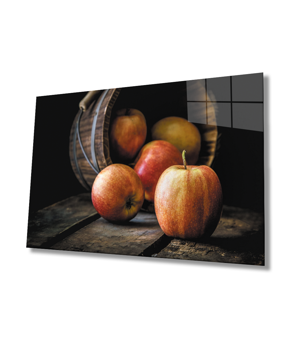 Sepet Elma Natürmort Meyve Cam Tablo  4mm Dayanıklı Temperli Cam Basket Apple Still Life Fruit