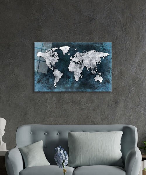 Mavi Gri Eskitme Dünya Haritası 4mm Dayanıklı Cam Tablo Temperli Cam, World Map Glass Wall Art