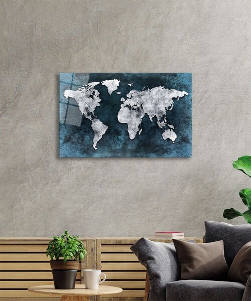 Mavi Gri Eskitme Dünya Haritası 4mm Dayanıklı Cam Tablo Temperli Cam, World Map Glass Wall Art