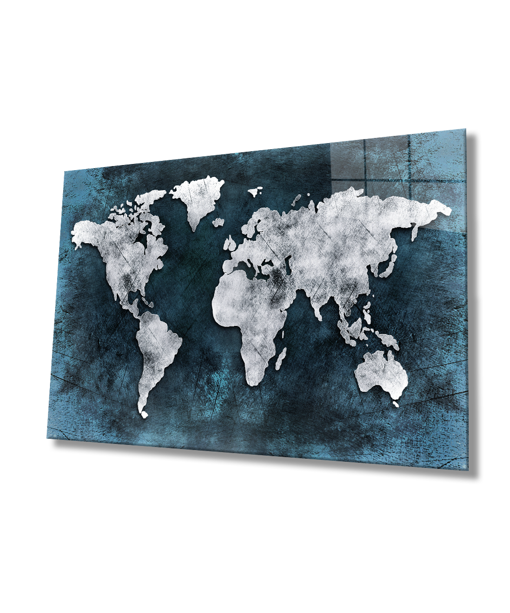 Mavi Gri Eskitme Dünya Haritası 4mm Dayanıklı Cam Tablo Temperli Cam, World Map Glass Wall Art