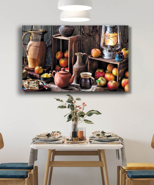 Cam Tablo  4mm Dayanıklı Temperli Cam Fruits Apple Still Life Kitchen Glass Wall Art