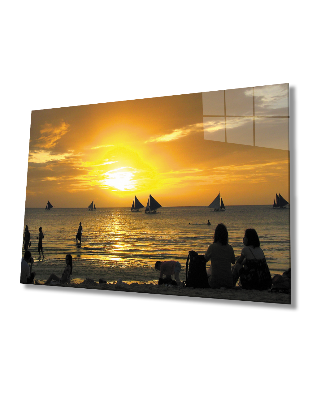 Gün Batımı Deniz Yelken İnsanlar Cam Tablo  4mm Dayanıklı Temperli Cam Sunset Sea Sailing People Glass Table 4mm Durable Tempered Glass