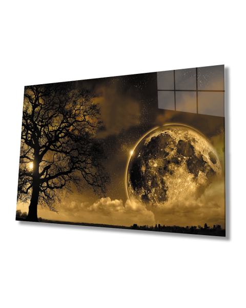 Dünya Ay Ağaç Gece Manzaralı Fütüristik Cam Tablo  4mm Dayanıklı Temperli Cam Earth Moon Tree Night View Futuristic Glass Painting 4mm Durable Tempered Glass
