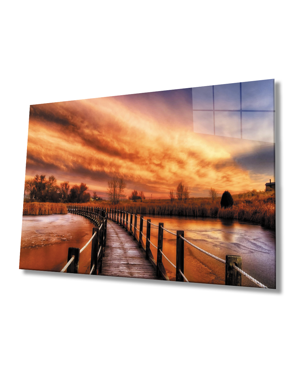 Gün Batımı Manzarası Ahşap Köprü Cam Tablo  4mm Dayanıklı Temperli Cam Sunset Landscape Wooden Bridge Glass Table 4mm Durable Tempered Glass