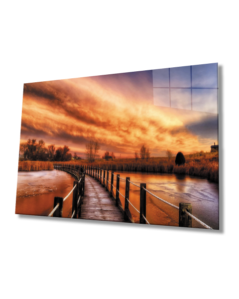 Gün Batımı Manzarası Ahşap Köprü Cam Tablo  4mm Dayanıklı Temperli Cam Sunset Landscape Wooden Bridge Glass Table 4mm Durable Tempered Glass