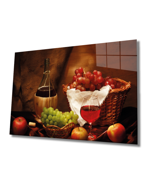 Kadeh ve Meyveler Cam Tablo  4mm Dayanıklı Temperli Cam, Wine and Fruits Glass Wall Decor