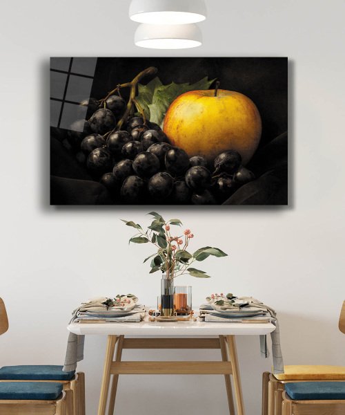 Üzüm Elma Natürmort Mutfak  Cam Tablo  4mm Dayanıklı Temperli Cam Grape Apple Still Life Kitchen Glass Wall Art