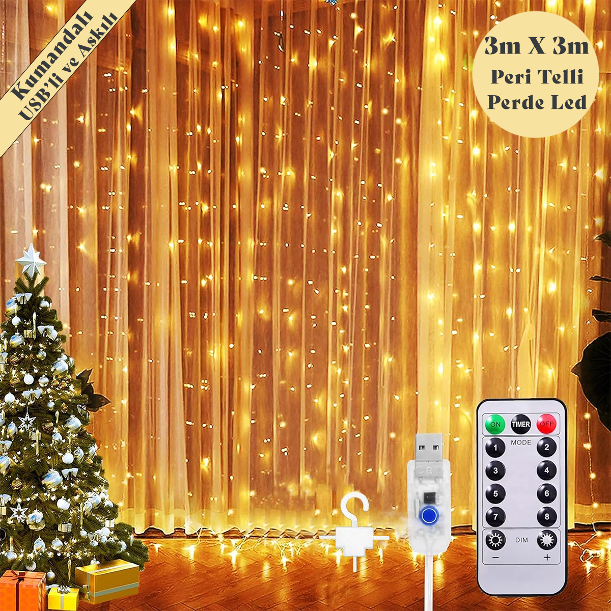 Peri Telli Perde Led Işık Kumandalı 300 Ledli 3 x 3 metre Usb'li 8 Animasyonlu Günışığı