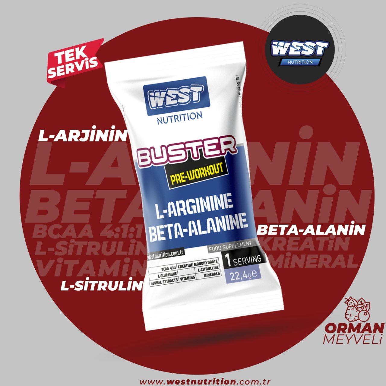 Buster Preworkout L-Arjinin & Beta- Alanin Saşe 22.4 gram Orman Meyveleri Aroması 15 ADET