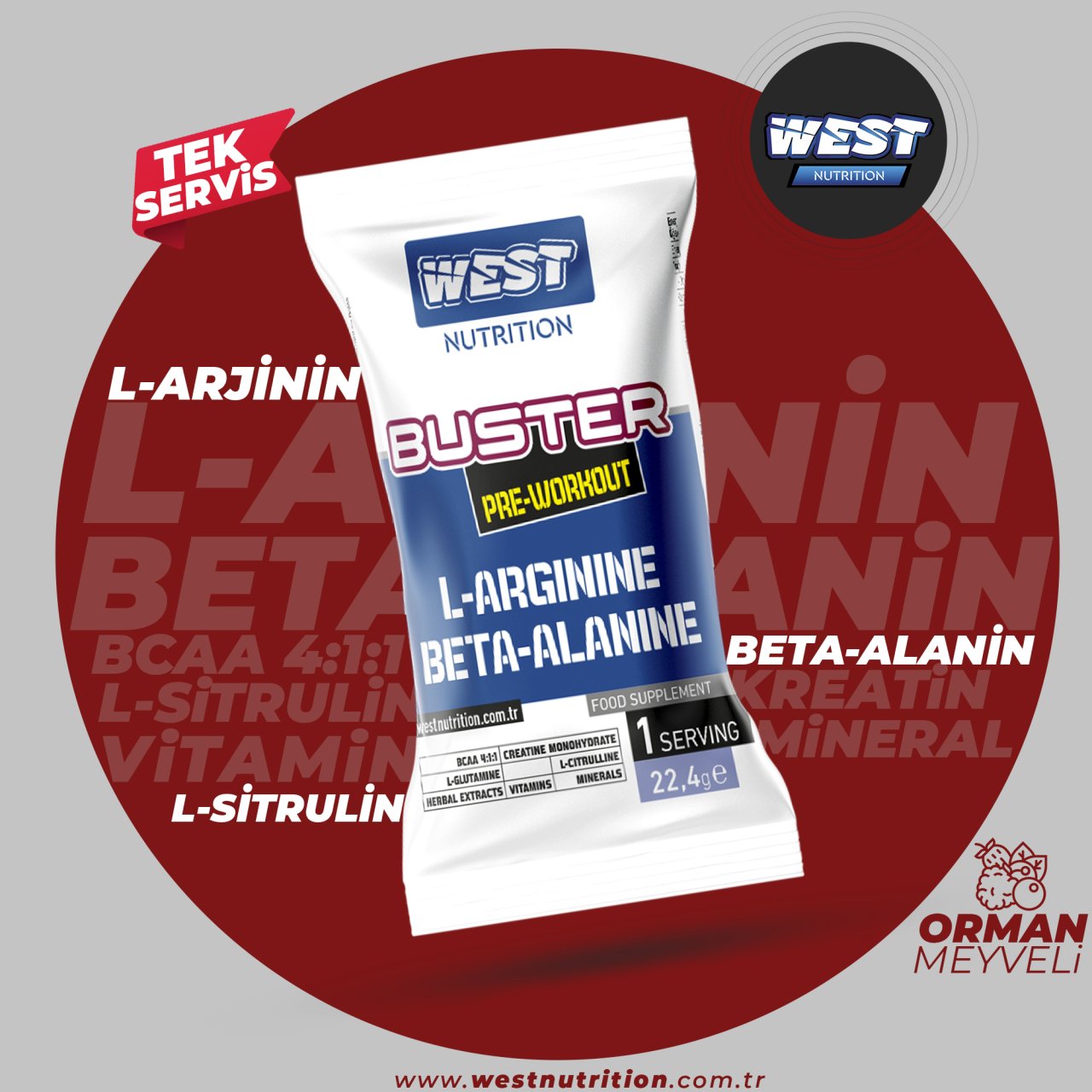 Buster Preworkout L-Arjinin & Beta- Alanin 22.4 gram Tek Paket Servis