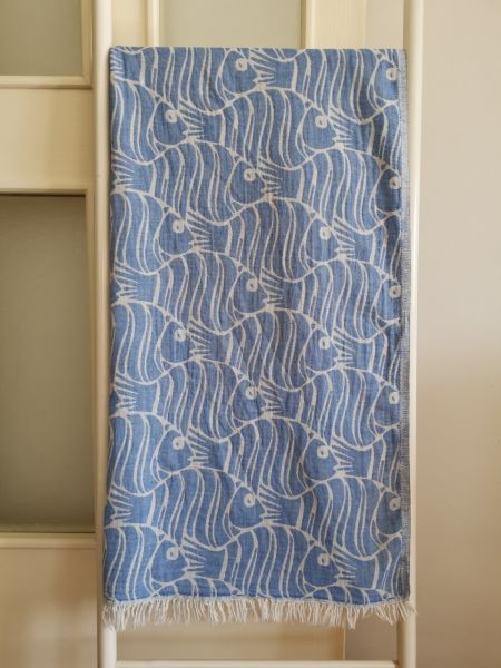 Peştemal, 100x180, Banyo Havlusu, Çift Katlı Balık Mavi