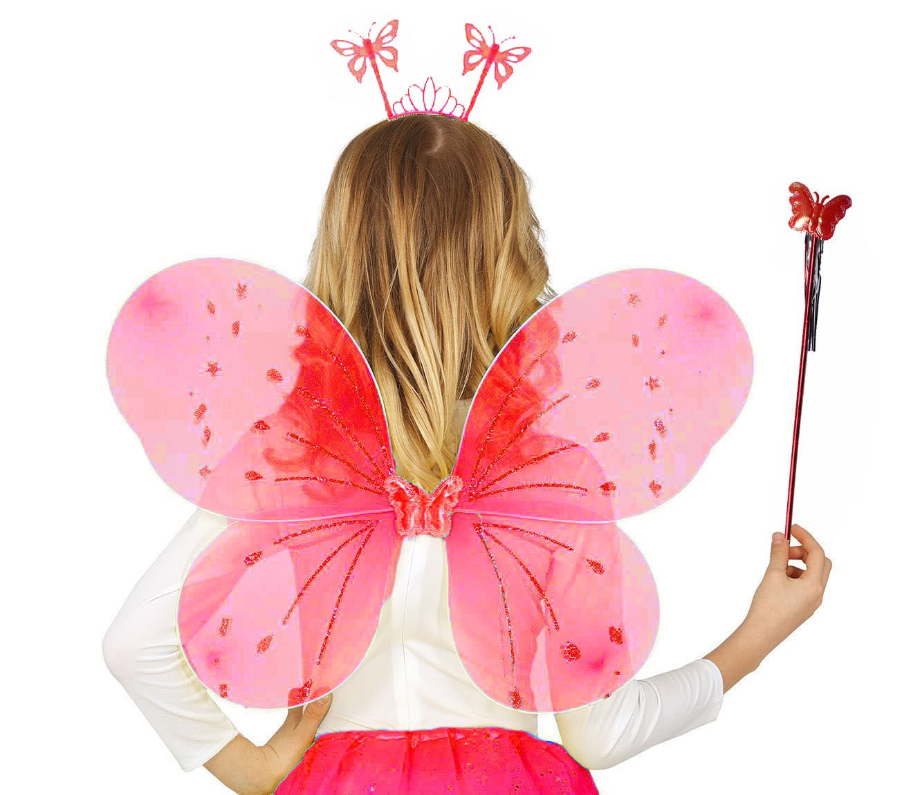 Kırmızı Renk Çocuk Kelebek Kanadı Tacı ve Asa Seti 50 cm