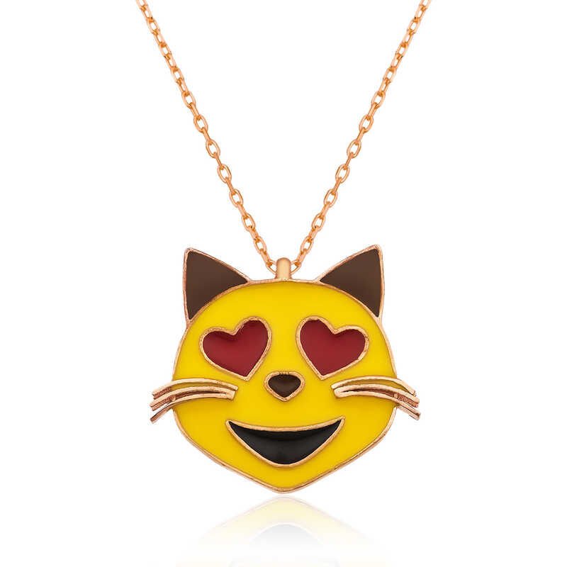 925 Ayar Gümüş Kalp Gözlü Kedi Emoji Kadın Gümüş Kolye