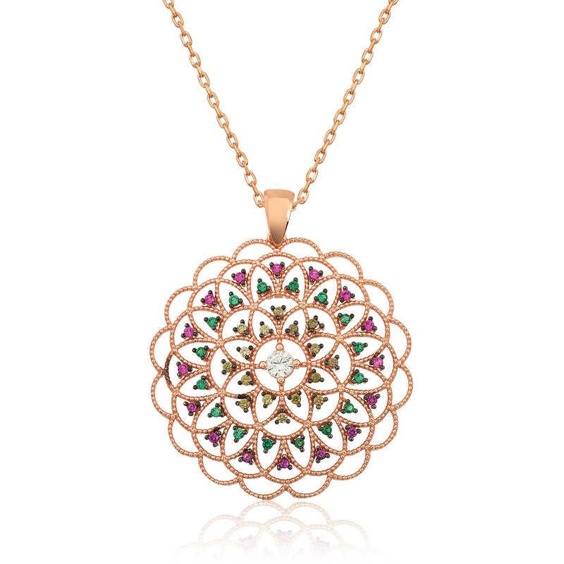 Gümüş Rose Geometrik Desenli Madalyon Kolye