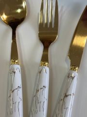 18 Parça Beyaz Gold Mermer Desen Tatlı Boyu Çatal Bıçak Takımı
