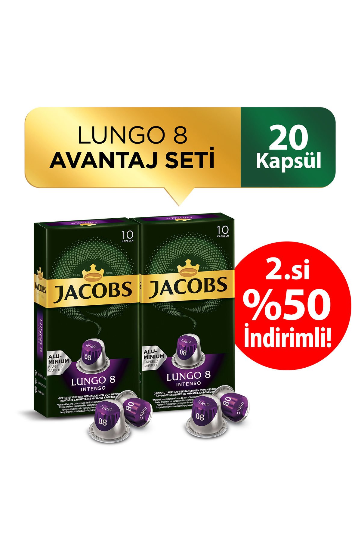 Jacobs Lungo Intenso 8 Kapsül Kahve 10 Kapsül x 2 Adet 2.%50 İndirimli !